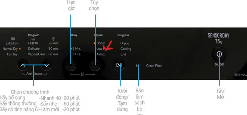 Nút Airing trên máy sấy